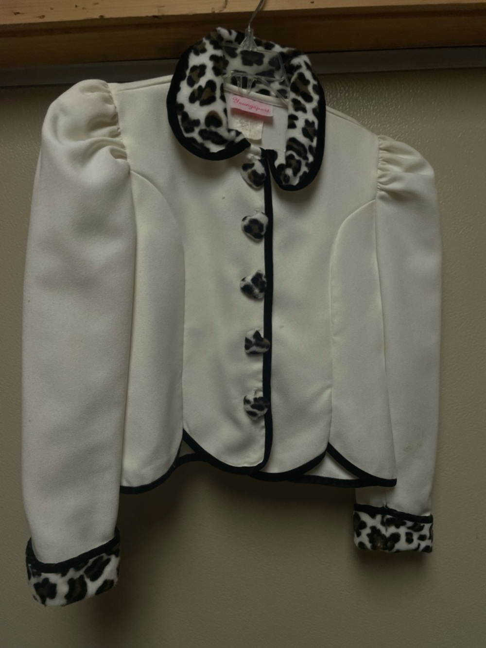 Girls Cream Puff-Sleeve Jacket with Leopard Trim